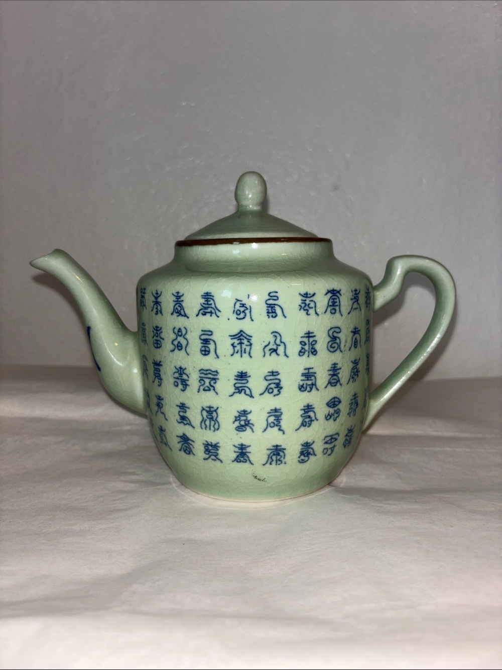 Vintage Chinese Celadon Porcelain Teapot Calligraphy Hundred Shou Crackle Glaze